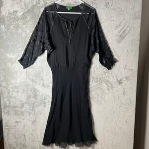 Tibi Black Silk Chiffon Dress Sheer Polka Dot Sleeves Tie Neck Size 2 XS